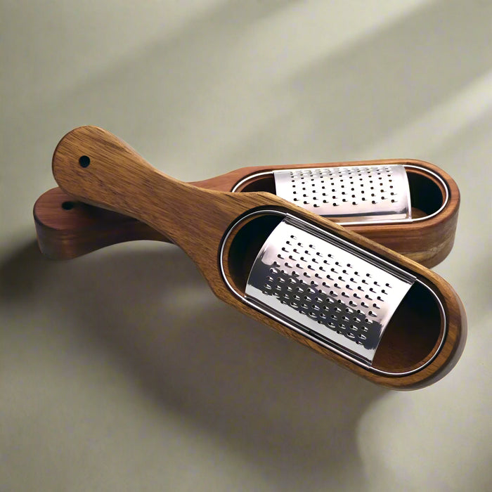 Elegant Acacia Wood and Stainless Steel Cheese Grater with Collector Box