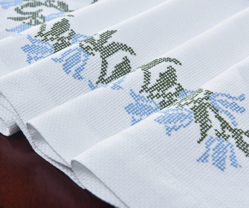 Elegant Blue Harebell Floral Embroidered Table Runner - Luxurious Cotton Home Accent