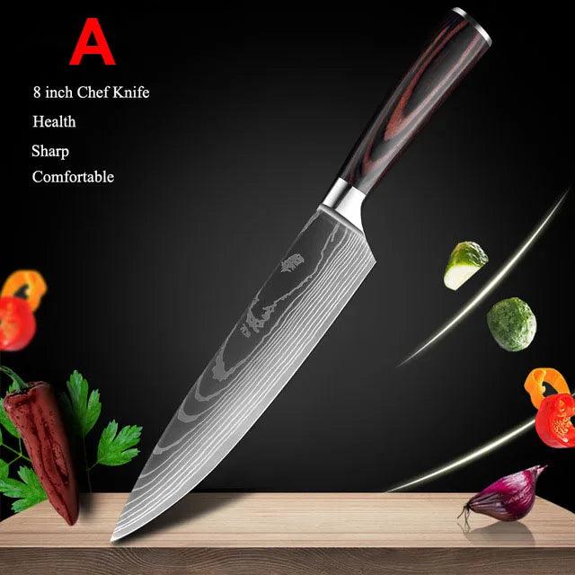 Premium 7CR17 Japanese Laser Damascus Culinary Knife Set - Chef, Santoku, Cleaver, Slicing & Utility Options