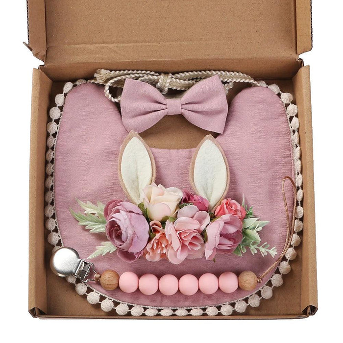 Chic Floral Baby Care Set: Bib, Headband, and Silicone Pacifier Clip in Festive Gift Box