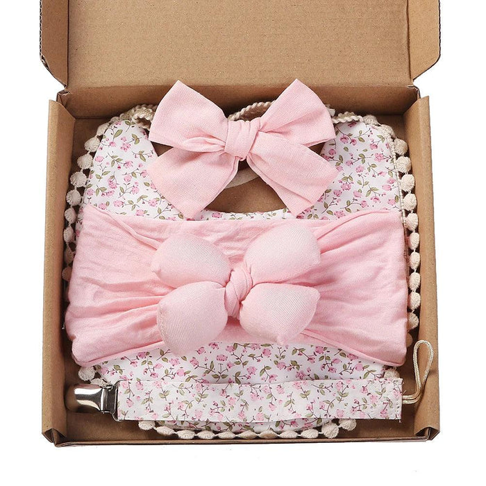 Chic Floral Baby Care Set: Bib, Headband, and Silicone Pacifier Clip in Festive Gift Box