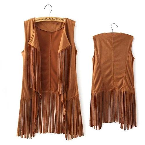 Sleeveless Faux Leather Women's Motorcycle Vest with Bohemian Suede Tassels and Fringe