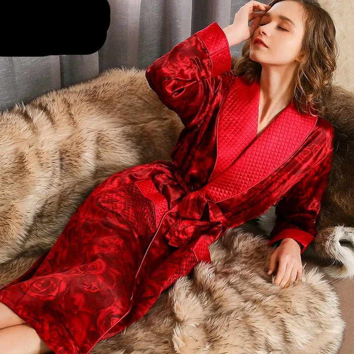 Winter Red Rose Silk Robe Set - Luxurious Plaid Mulberry Silk Gown for Women