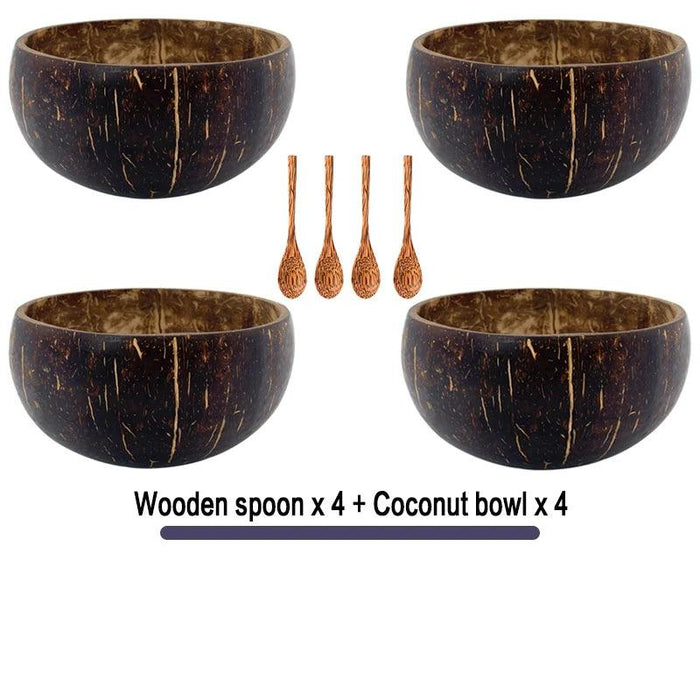 Handcrafted Coconut Bowl Collection with Wooden Spoon - Sustainable Natural Tableware for Salads, Desserts, and More (12-15cm)