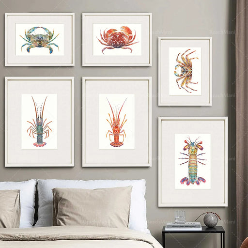 Coastal Marine Creatures Watercolor Trio - Crab, Lobster & Shrimp - Ocean-Inspired Home Decor Pieces