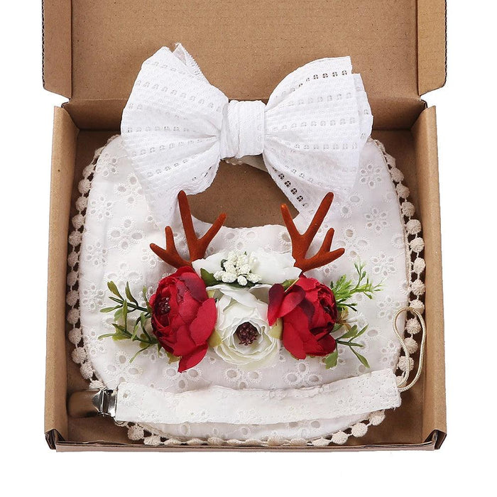 Chic Floral Baby Care Set: Bib, Headband, and Silicone Pacifier Clip in Festive Gift Box