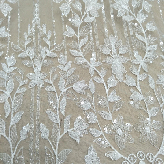 Luxurious Ivory Beaded Lace and Tulle Fabric for Bridal Attire - 130cm Width