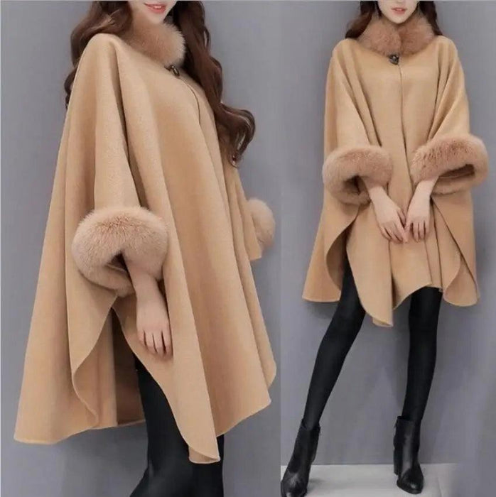 Sophisticated Winter Charm - Opulent Fox Fur Collar Cape Coat for Trendsetting Women