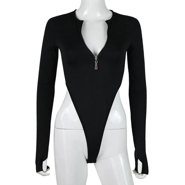 Fall & Winter Women's Fashion Bodysuit - Solid Zipper Long Sleeve Slim Fit Sexy