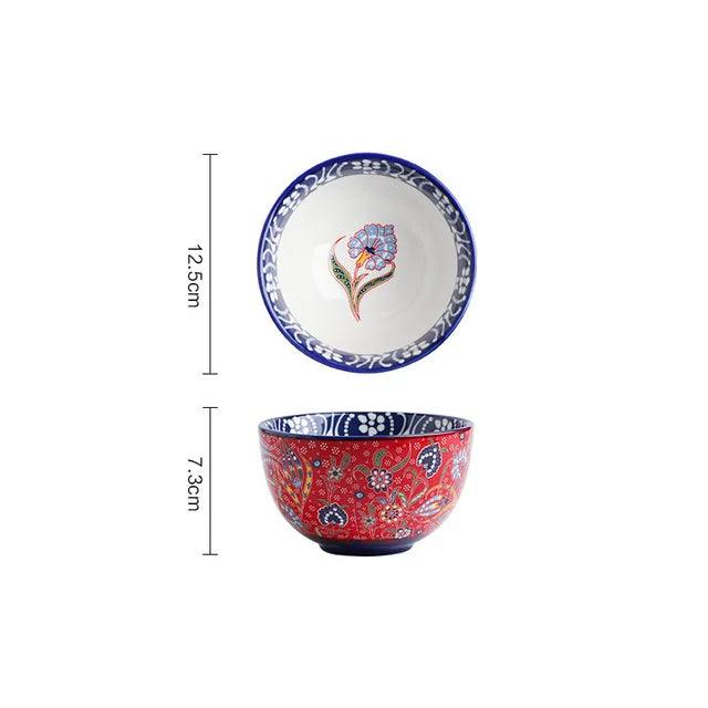 Bohemian Hand-Painted Ceramic Bowl - Elegant Rice, Noodle & Salad Dish with Innovative Chopstick Holder