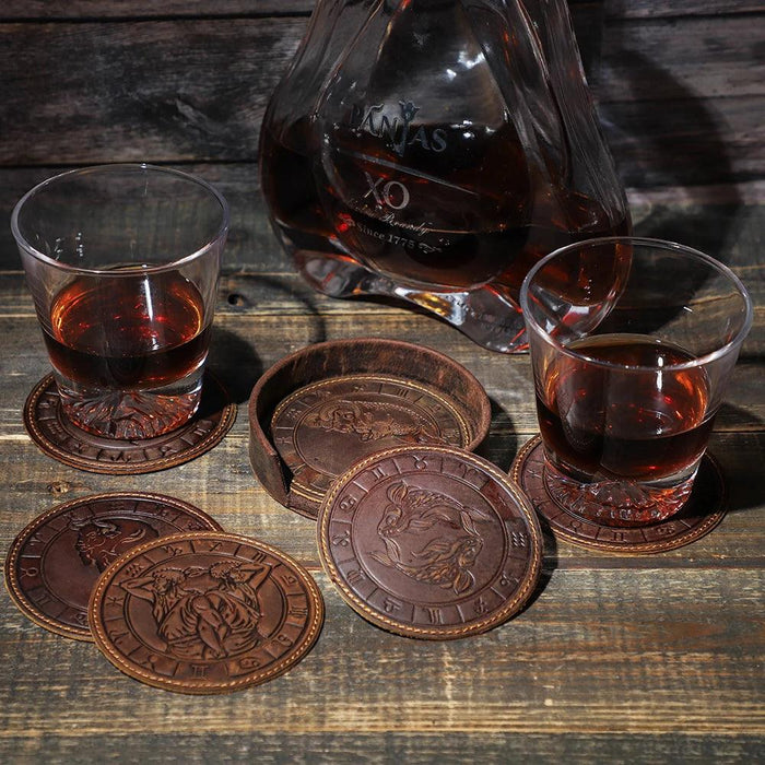 Astrological Elegance Leather Drink Coasters - Set of 6 with Distinct Zodiac Patterns