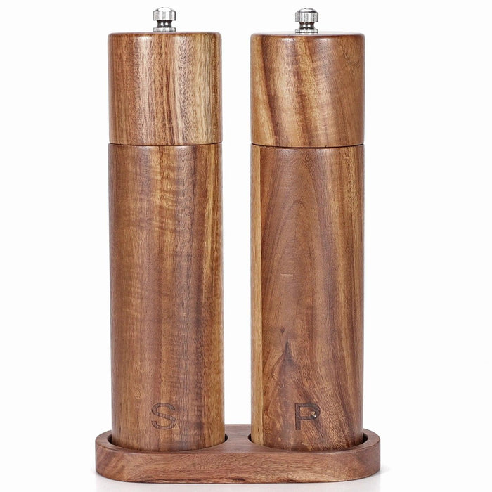 Sophisticated Acacia Wood Salt and Pepper Mills with Elegant Tray - 8 Inch Refillable Set