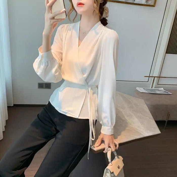 Korean-Style Women's Long Sleeve V-Neck Lace-Up Blouse