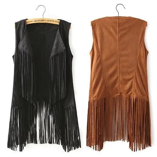 Sleeveless Faux Leather Women's Motorcycle Vest with Bohemian Suede Tassels and Fringe