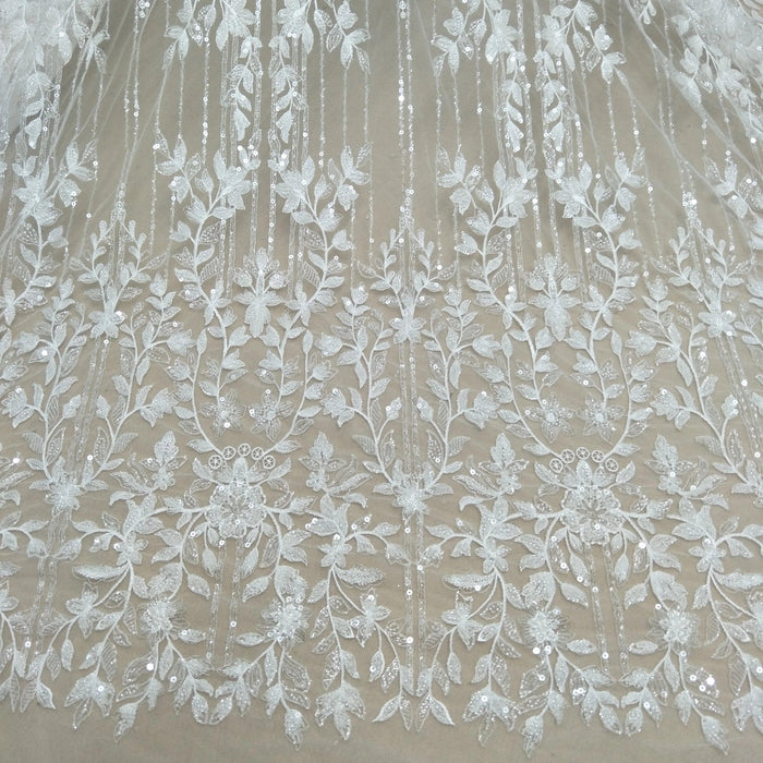 Luxurious Ivory Beaded Lace and Tulle Fabric for Bridal Attire - 130cm Width