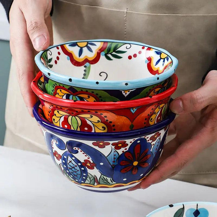 Bohemian Hand-Painted Ceramic Bowl - Elegant Rice, Noodle & Salad Dish with Innovative Chopstick Holder