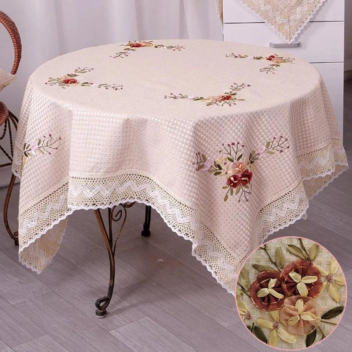 Charming Floral Embroidered Round Cotton Linen Table Cover