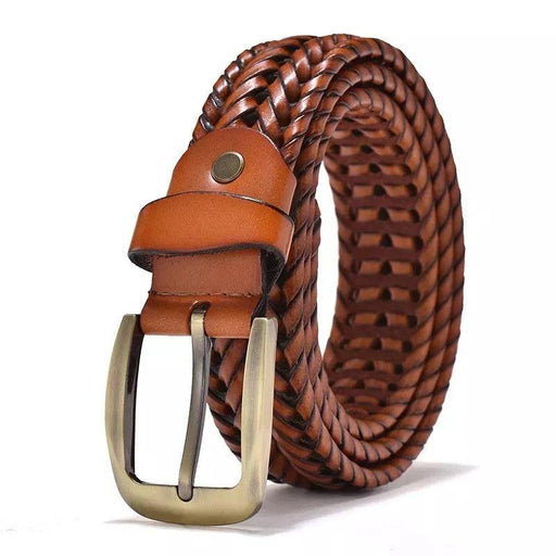 Men's Elegant Gold Buckle Braided Genuine Leather Belt