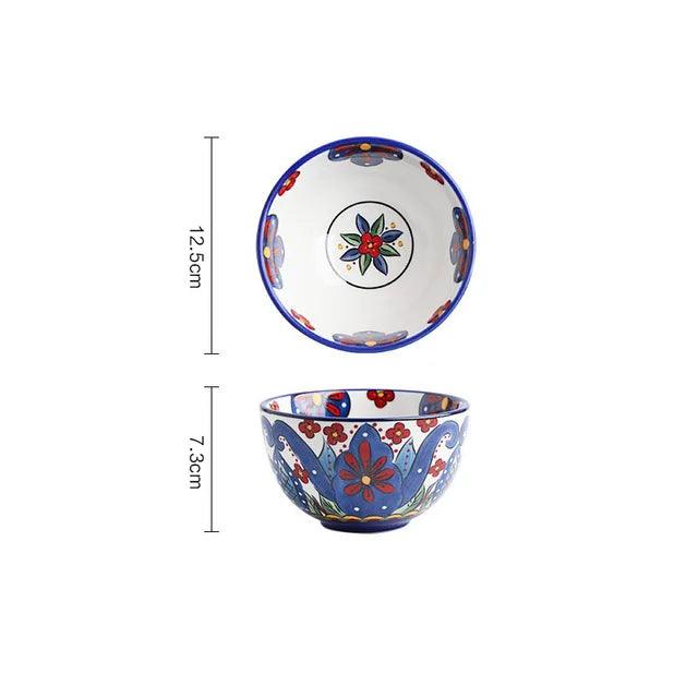 Bohemian Hand-Painted Ceramic Bowl - Elegant Rice, Noodle & Salad Dish with Innovative Chopstick Holder