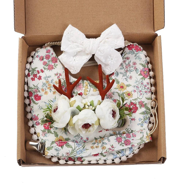 Chic Floral Baby Care Set: Bib, Headband, and Silicone Pacifier Clip in Festive Gift Box