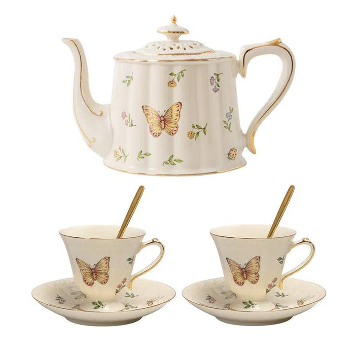 Charming Vintage Butterfly Tea and Coffee Set - Exquisite Porcelain and Bone China, Luxurious 800ml Pot with Matching Saucer