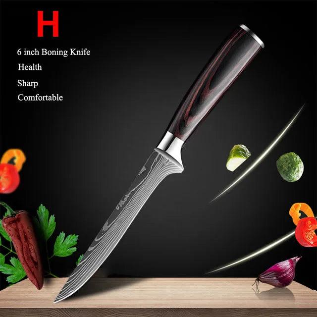 Premium 7CR17 Japanese Laser Damascus Culinary Knife Set - Chef, Santoku, Cleaver, Slicing & Utility Options