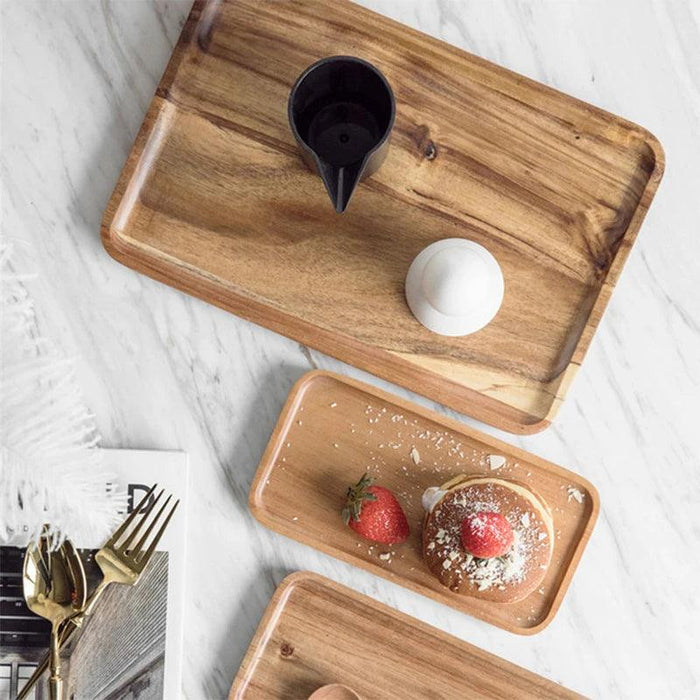 Stylish Acacia Wood Serving Tray with Ergonomic Grooved Handles - Perfect for Breakfast, Sushi, Snacks, and Desserts