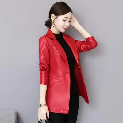 Sophisticated Korean Sheepskin Leather Blazer for Women - Trendy Mid-Length Fashion Coat