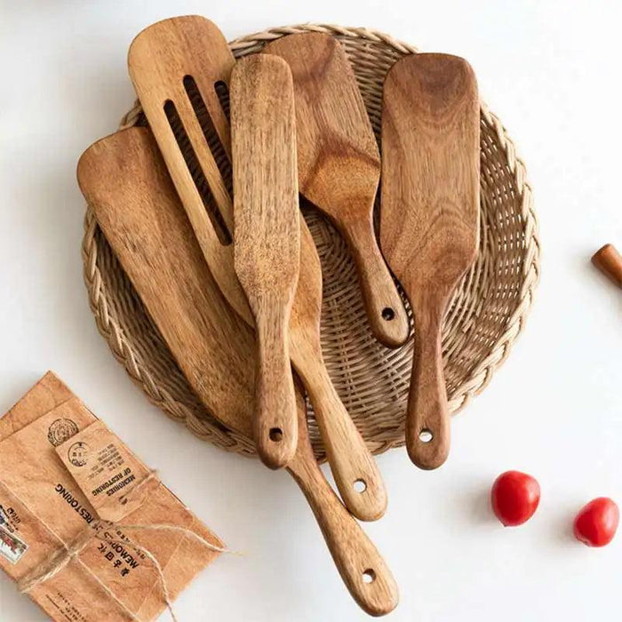 Elegant Acacia Wood Spatula Set - Versatile Slotted Kitchen Utensils for Non-Stick Cookware