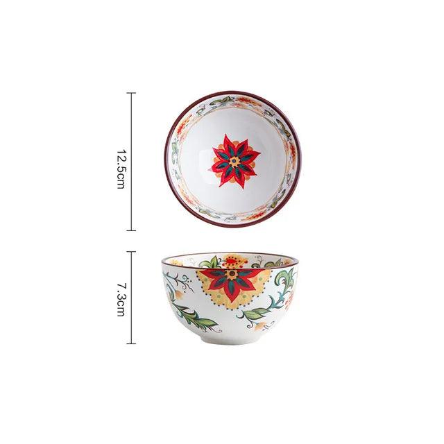 Bohemian Hand-Painted Ceramic Bowl - Elegant Rice, Noodle & Salad Dish with Innovative Chopstick Holder