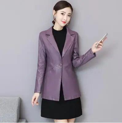 Sophisticated Korean Sheepskin Leather Blazer for Women - Trendy Mid-Length Fashion Coat