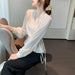 Korean-Style Women's Long Sleeve V-Neck Lace-Up Blouse