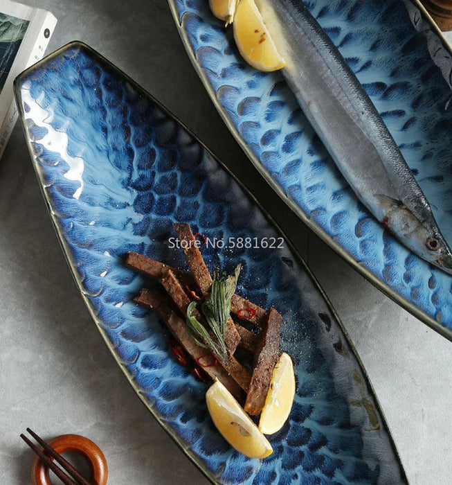 Ceramic Blue Fish Serving Tray - Elegant Centerpiece for Dining Excellence