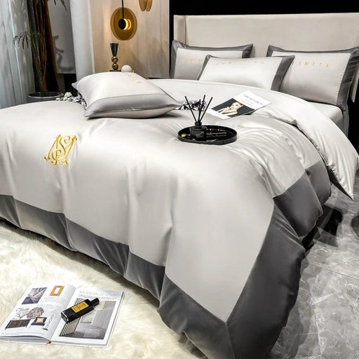 Elegant Gray 60S Egyptian Cotton Luxury Bedding Set with Intricate Embroidery - Duvet Cover, Sheet & Pillowcases