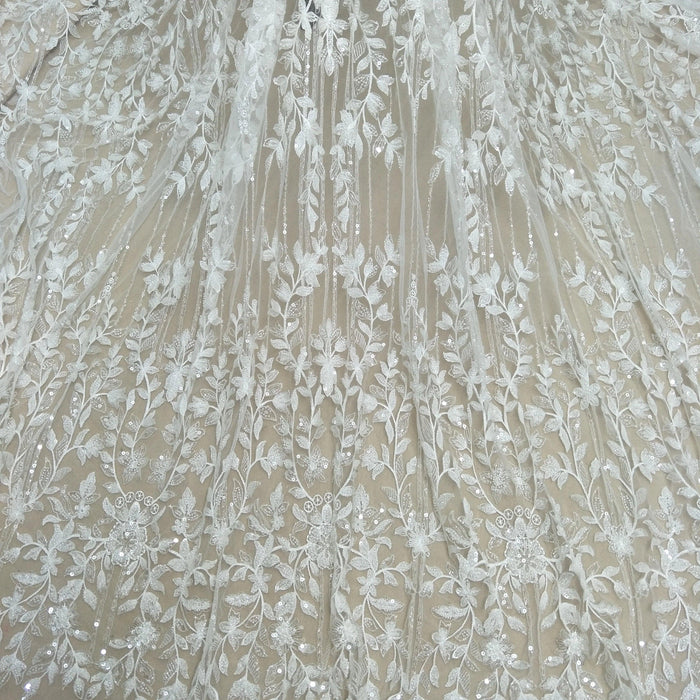 Luxurious Ivory Beaded Lace and Tulle Fabric for Bridal Attire - 130cm Width