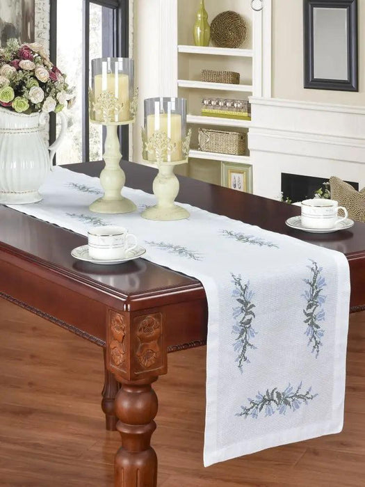 Elegant Blue Harebell Floral Embroidered Table Runner - Luxurious Cotton Home Accent