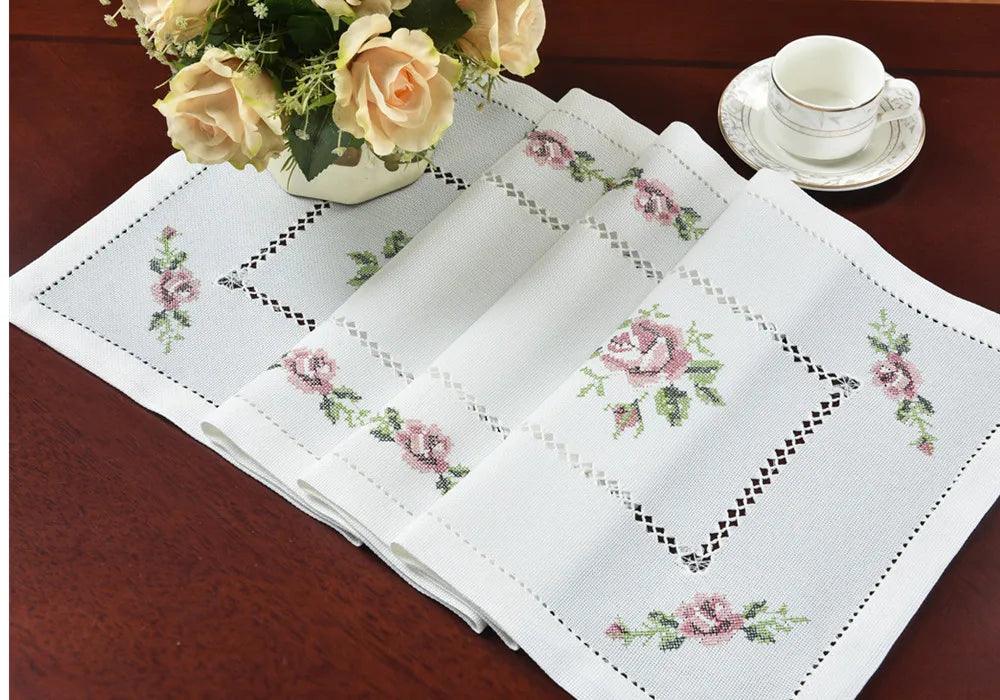 Romantic Rose Cross-Stitch Linen Table Runner & Cloth Set - White/Champagne