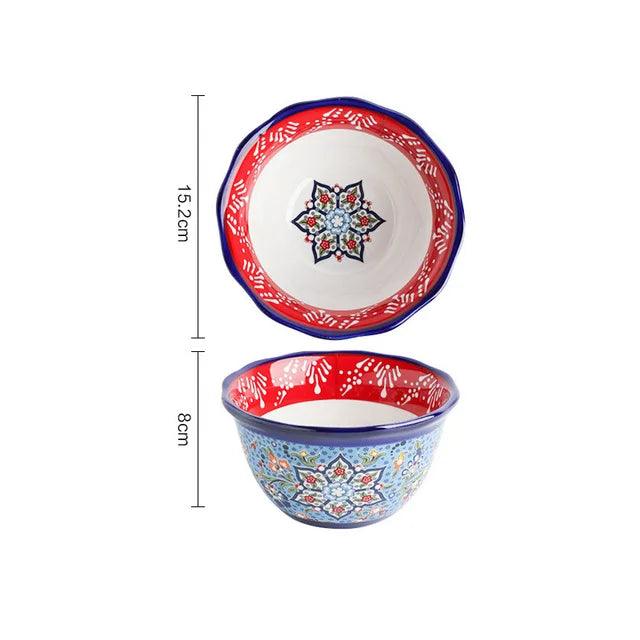 Bohemian Hand-Painted Ceramic Bowl - Elegant Rice, Noodle & Salad Dish with Innovative Chopstick Holder