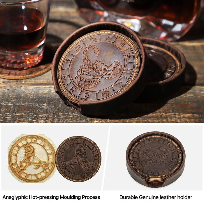 Celestial Zodiac Leather Drink Coasters - Set of 6 with Unique Astrological Designs