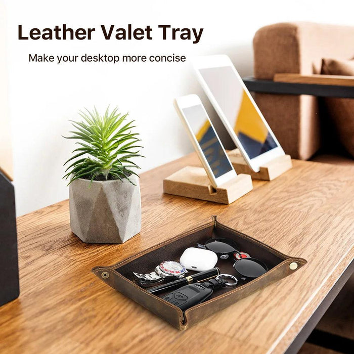 Elegant Cowhide Leather Organizer Tray for Keys, Wallets, and Coins: A Stylish Storage Solution