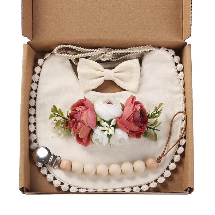 Chic Floral Baby Care Set: Bib, Headband, and Silicone Pacifier Clip in Festive Gift Box