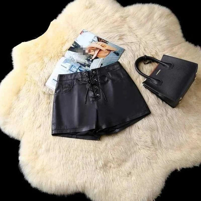 Elegant Black Leather Women's Low Waist Shorts Skirt