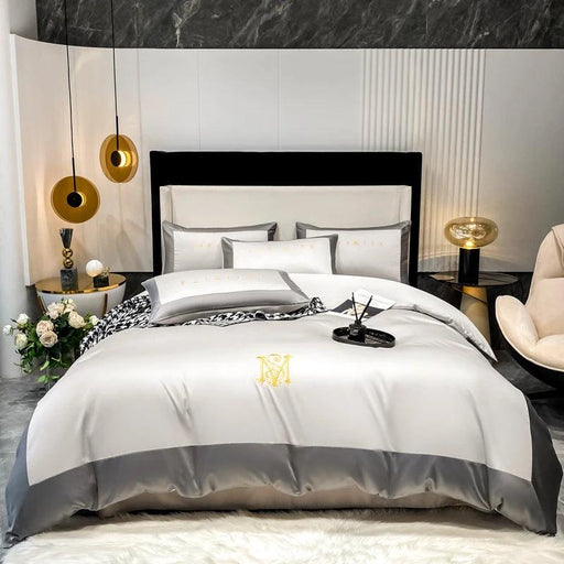 Elegant Gray 60S Egyptian Cotton Luxury Bedding Set with Intricate Embroidery - Duvet Cover, Sheet & Pillowcases