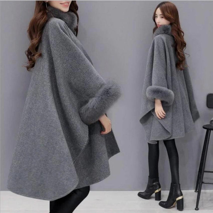 Sophisticated Winter Charm - Opulent Fox Fur Collar Cape Coat for Trendsetting Women