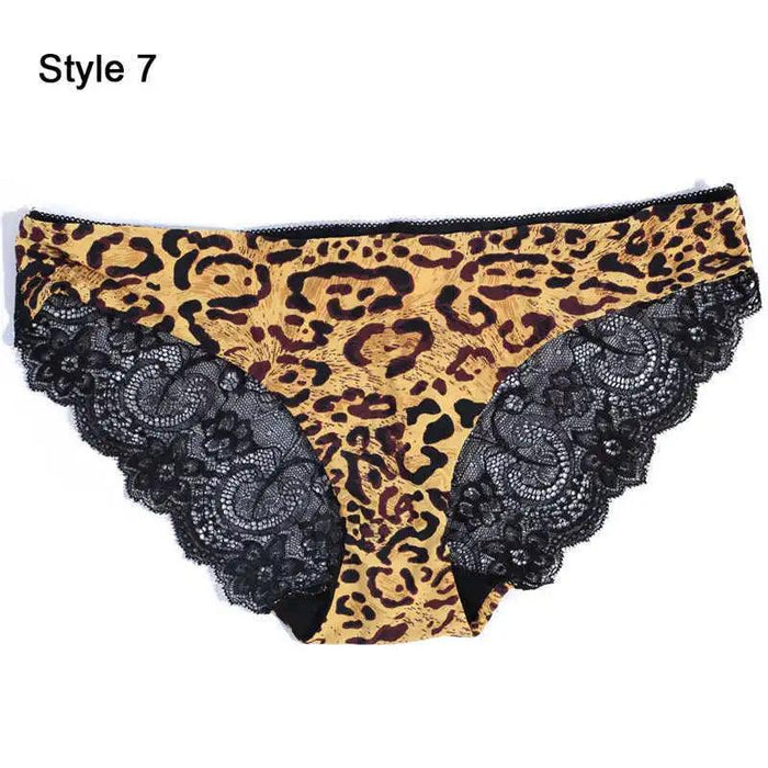 Women’s Leopard Print Lace Trim Seamless Cotton Panties - Breathable Ice Silk Lingerie