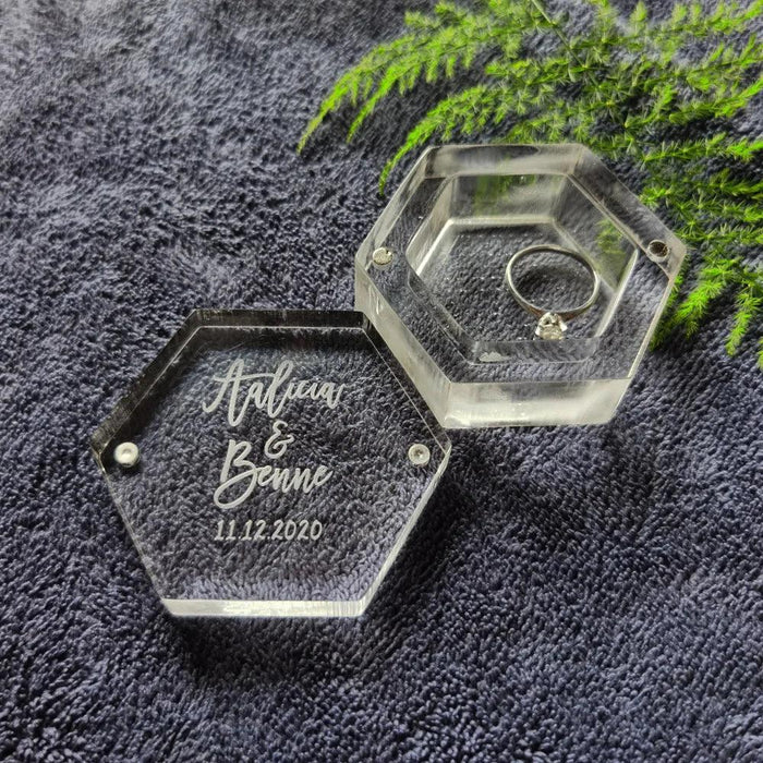 Customizable Transparent Hexagon Acrylic Ring Box with Engraved Name and Date - Elegant Jewelry Display