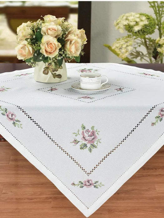 Elegant Rose Cross-Stitch Linen Table Runner Set - White/Champagne