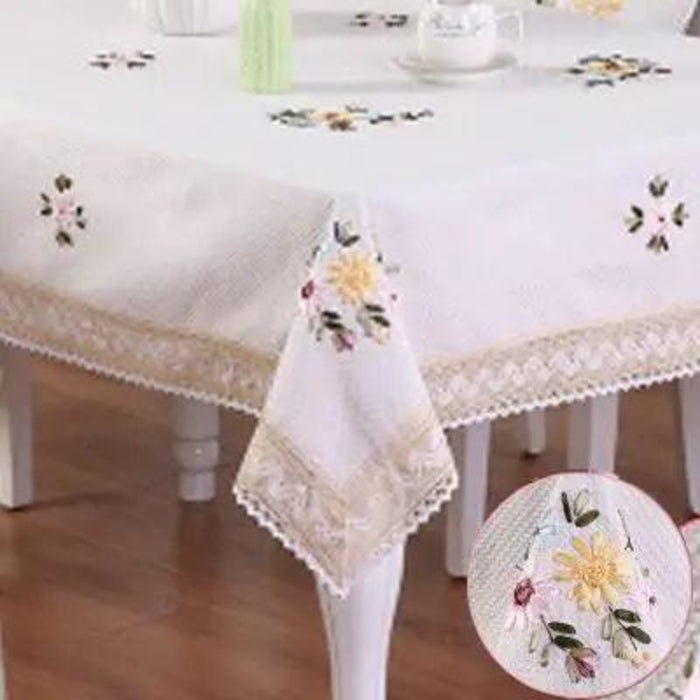 Charming Floral Embroidered Round Cotton Linen Table Cover