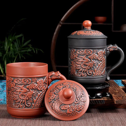 Exquisite Purple Clay Tea Mug with Vintage Dragon & Phoenix Design for Discerning Tea Aficionados