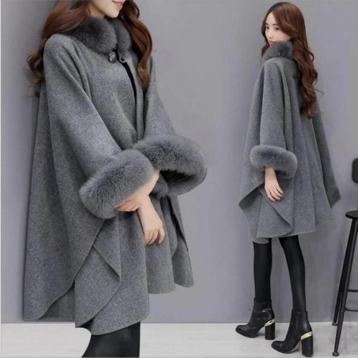 Sophisticated Winter Charm - Opulent Fox Fur Collar Cape Coat for Trendsetting Women